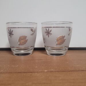 Libbey Frosted Gold Rim Leaf Bar Juice Glassware Vintage 50s
